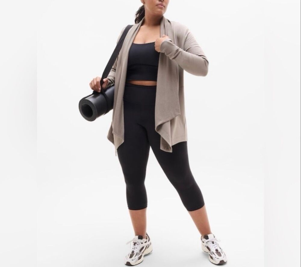 Athleta Nirvana Pranayama Restore Wrap yoga Cardigan Open Front tan tall L NEW